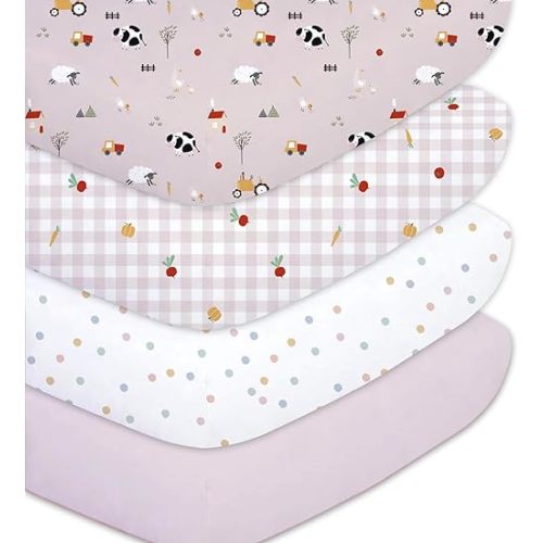 Plushii Crib Sheets for Girls Boys,Baby Crib Sheets Fitted 4PK for Standard Crib and Toddler Bed Mattress,52"x28"Soft Breathable Microfiber Crib Mattress Cover with Cute Patterns,Ranch-Pink