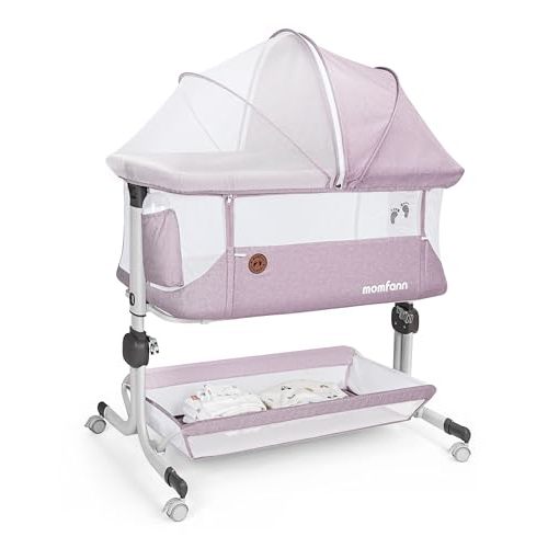 Baby Bassinet Bedside Sleeper, Upgraded Stability Bedside Crib with Full Mesh Sides, Soft Sheet, 6-Height Adjustment, Storage Basket, Easy Folding Portable Bassinet for Newborns,Pinkish Purple
