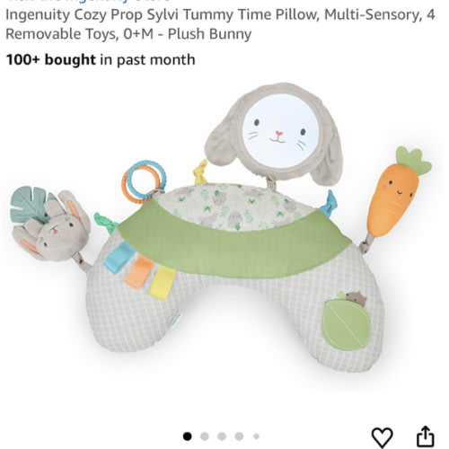 Ingenuity Cozy Prop Sylvi Tummy Time Pillow, Multi-Sensory, 4 Removable Toys, 0+M - Plush Bunny