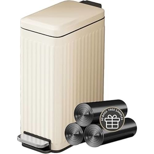 Bathroom Trash Can with Lid, Small Stainless Steel Garbage Can with Step Pedal, 10 Liter/2.6 Gallon Soft Close Slim Trash Bin, Creamy White Waste Basket for Living Room, Bedroom, Laundry Room, Office