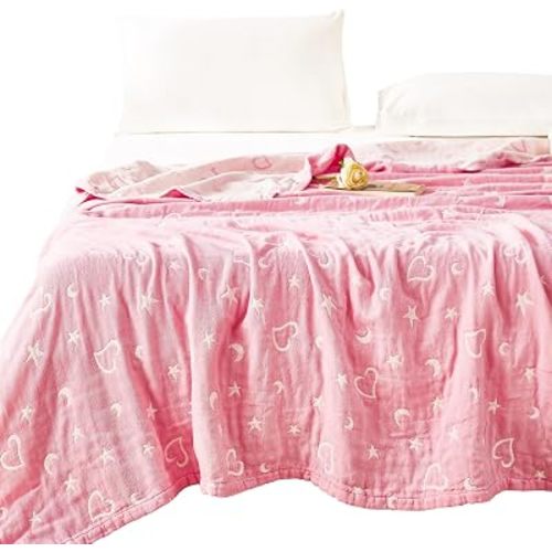 MEJU Starry Sky Pink Cute Star Moon Heart Girls Teens Muslin Blanket Throw All Season for Bed Sofa Couch 100% Cotton 3 Layer Sof Reversible Throw Blanket Quilt Bed Coverlet Full Queen 80 in x 90 in