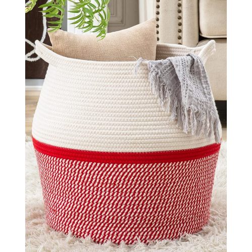 KAKAMAY Woven Baskets for Storage(17"x17"),Large Cotton Rope Woven Baby Laundry Hamper,Collapsible Laundry Basket, Blanket Basket for Organizing Living Room,Nursery,Pillows,Toy Chest(Red)