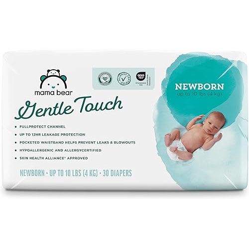 Amazon Brand - Mama Bear Gentle Touch Diapers, Size Newborn, Keeps Baby Dry, Skin Safe, Formulated without Fragrance, 30 Count