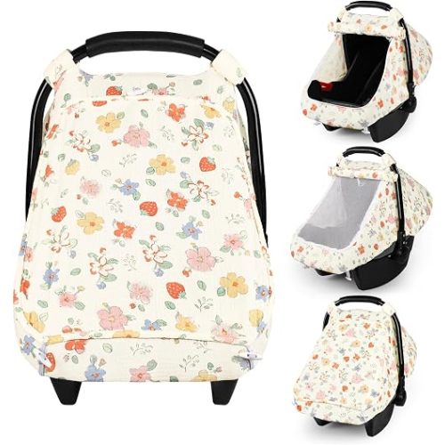 Muslin Car Seat Cover Baby, Breathable Baby Carseat Cover for Girls Boys, Lightweight Infant Car Seat Cover, Universal Stroller Cover for Sunshade, Baby Essentials for Outdoor in Summer, Floral