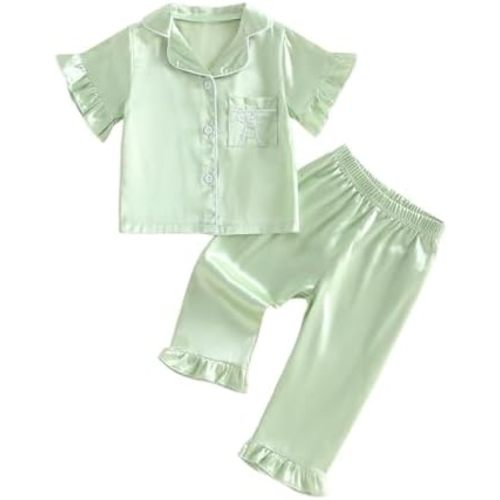 Kuriozud Toddler Girl Satin Pajama Set Bow Ruffled Button Tops And Pants