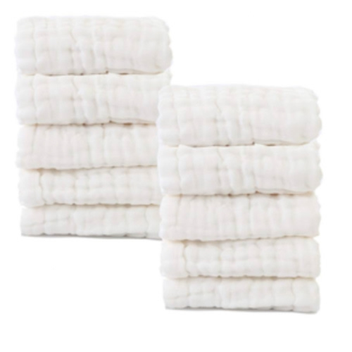 Baby Muslin Washcloths- Natural Organic Cotton Baby Wipes - Soft Newborn Baby Face Towel for Sensitive Skin- Baby Registry as Shower Gift, 10 Pack 10x10 inches By MUKIN (White)