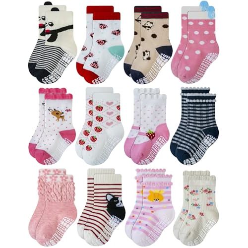 RATIVE Non Skid Anti Slip Cotton Dress Crew Socks With Grips For Baby Infant Toddler Kids Girls