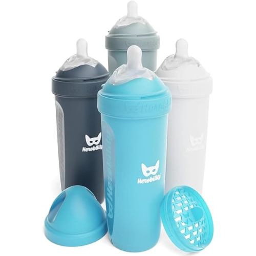 Herobility Anti-Colic Baby Bottles 12 fl oz/340ml - Pack of 4 Plastic Baby Bottles, Slow Flow Plastic Bottles, Breast-Shaped Teat for Breastfed Babies, – Multicolor - White, Gray, Iron Blue, Blue