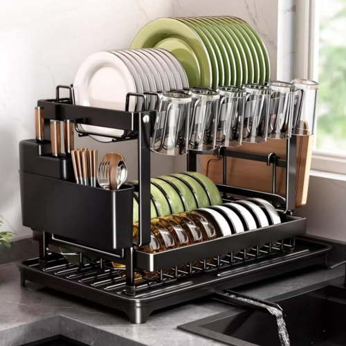 Rust-Proof Adjustable Dish Rack, Kitchen Counter Drainer with Removable Cutlery Holder & Swivel Spout, Durable & Customizable to Maximize Space, Complete Drying Solution