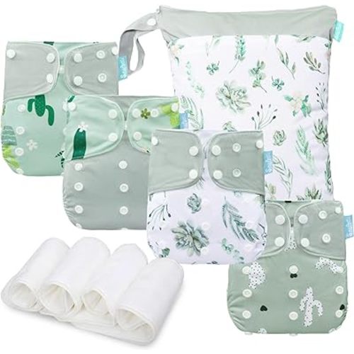 Baby Cloth Diapers Set - 4 Pack with 4 Inserts & 1 Wet/Dry Separation Bag, Reusable Infant Toddler Nappy, Adjustable Pocket Diapers for Baby Boys and Girls (6-33 pounds, 0-3 Years)