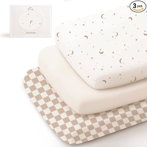 Konssy 3 Pack Stretchy Bassinet Sheets for Baby Girl Boy, Soft Breathable Baby Bassinet Mattress Sheets Fit for Hourglass Oval Cradle, Moses Basket Rectangle Mattress (Coffee Check)