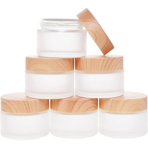 6Pcs Glass Cosmetic Containers with Wood Grain Lid Refillable Cosmetic Jar Frosted Glass Cream Container with Leak-proof Lid Empty Makeup Jar for Lotions,Creams,Scrub Cream,Home,Travel(15ml)
