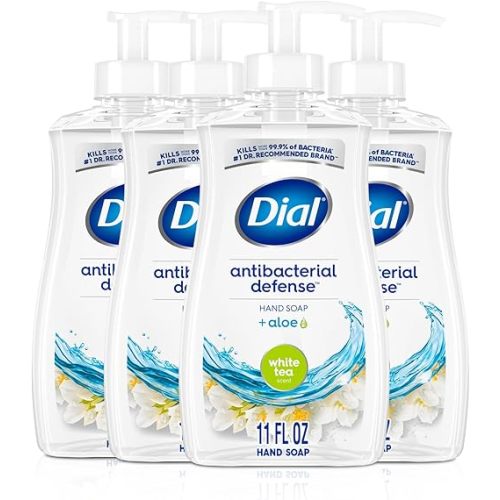 Dial Antibacterial Defense Liquid Hand Soap + Aloe, White Tea Scent, 11 Fl Oz (Pack of 4), Dermatologist-Tested Hand Wash, Gentle Formula