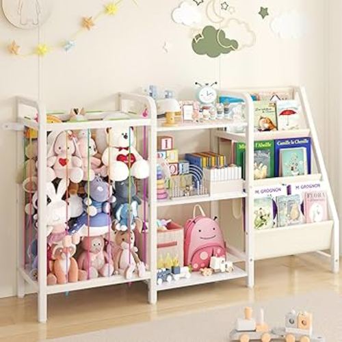 B1 Kids Bookshelf and Toy Storage, 3-Tier Book Shelf for Kids Rooms, Sling Baby Bookcase with Stuffed Animal Storage, Montessori Toddler Bookshelf for Nursery, Bedroom, Playroom, White