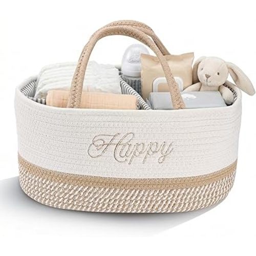 DUHEL Diaper Caddy Organizer with Handle,Baby Basket use for Diaper Organizer and Storage,Baby Newborn Essentials,3 Compartments-Cotton rope Material Storage for Home or Travel. (White Khaki-Happy)