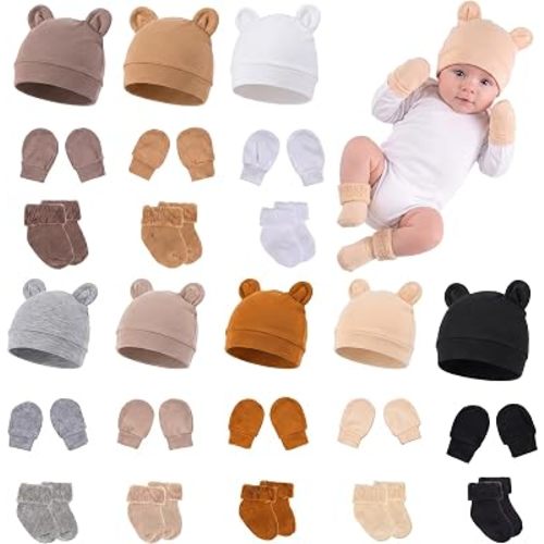 24Pcs Preemie Hats Mittens and Socks Set Combed Cotton Newborn Baby Boy Girl Hospital NICU Essentials 0-3 Months Bear Ear Beanie No Scratch Gloves 8 Neutral Colors
