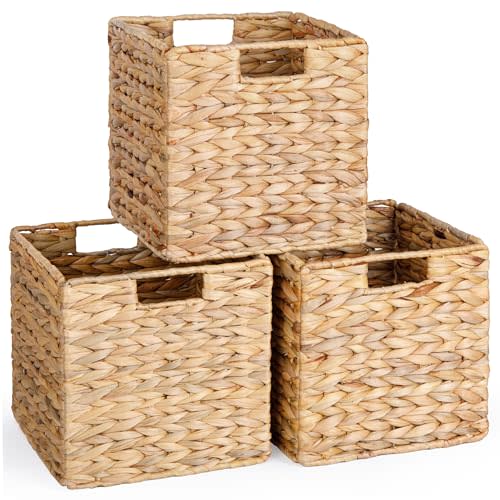 10.5x10.5 Water Hyacinth Storage Baskets, Collapsible Square Wicker Baskets Cube Storage Bins for 11 Inch IKEA Kallax, Set of 3
