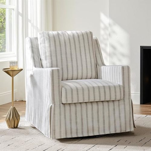 HULALA HOME Swivel Rocker Chair, Farmhouse Swivel Rocking Accent Chair with Washable Slipcover, Striped Fabric Barrel Armchair with Down Filled Cushions, Grey