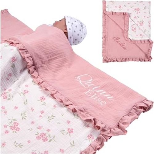 Personalized Baby Blanket for Girls with Name, Custom Embroidered Name Muslin Baby Blanket, Soft Breathable 6 Layer Gauze Blanket, Lightweight Newborn Swaddle Receiving Blanket