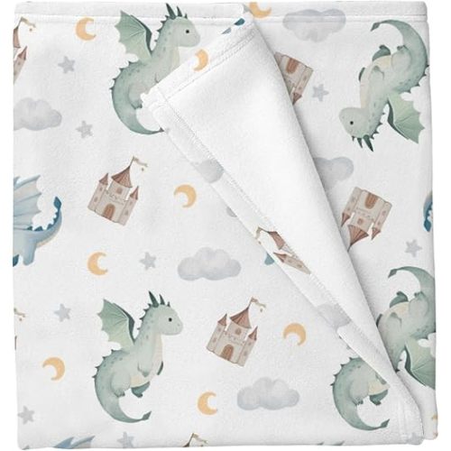 Cute Baby Dragons Castle Baby Blankets for Boys Girls Watercolor Fairytale Dragon Moon Stars Soft Infant Toddler Newborn Receiving Blankets Fantasy Animal Swaddling Wrap for Crib Stroller 30x40in
