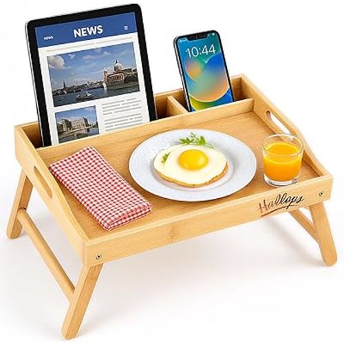 Hallops Bed Trays for Eating and Laptops - Adjustable, Foldable, and Spill-Resistant Table Tray - 2 Media Slots for Phones/Tablets - Lap Trays for Eating on Couch - 2.3" Hx15.7''Lx11''W (Bamboo)
