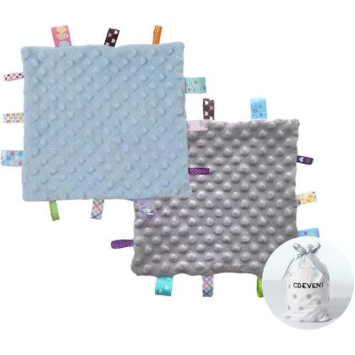 CREVENT Tag Security Blankets for Babies, Soft Small Taggie for Boys Girls, Baby Comforter Sensory Blanket, Great Gifts for Birthday Baby Shower 10"X10" (Blue+Grey)