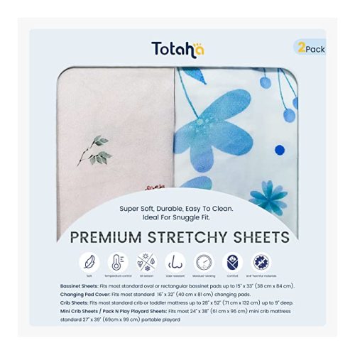 TotAha Premium Stretchy Bassinet Sheets for Baby Girl, Silky Comfort Cradle Sheets Fitted 18 x 36 for Oval, Rectangular, Hourglass Mattress, Hypoallergenic, Buttery Soft 2-Pack (Floral & Pale Pink)