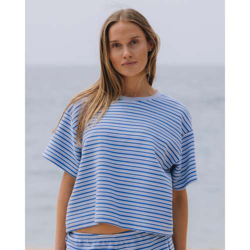 Striped Ribbed Relaxed Tee - Powder + Cobalt + Cream Stripe