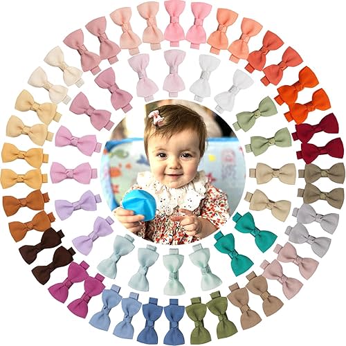 Baby Hair Clips 60 Pieces 30 Colors in Pairs Baby Girls Fully Lined Bows Hair Pins Tiny 2" Hair Bows Alligator Clips for Girls Infants Toddlers Light
