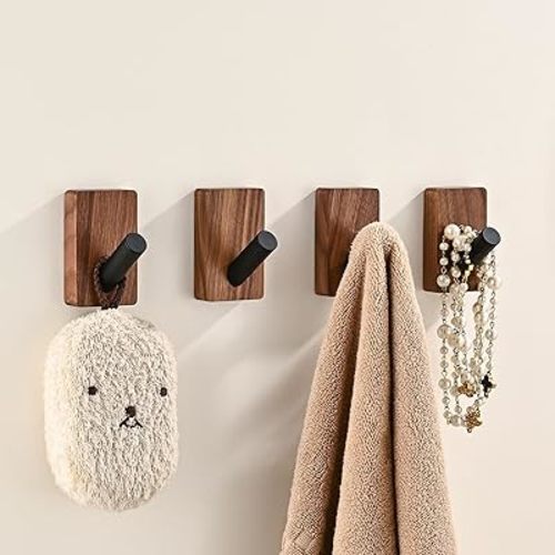 4 Pack Wooden Wall Hooks for Hanging, Adhesive Mounted & Wall Mount Boho Decorative Walnut Wood Coat Hooks for Towel Clothes Blanket Hat Backpack Robe Nursery Door Board Entryway Key Holder