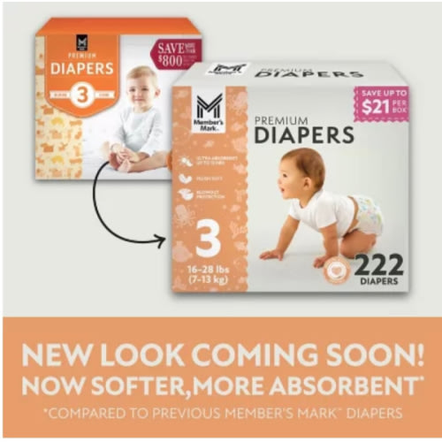 Member's Mark Premium Baby Diapers, Sizes: Size 3- 234 count (16-28lbs)- Sam's Club