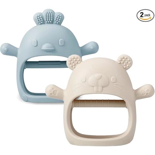 PandaEar 2 Pack Silicone Baby Teething Toys| Baby Hand Teether Mitten for Sucking Needs| Baby Chew Toys Hand Pacifier for Soothing Teething Pain Relief (White/Blue)