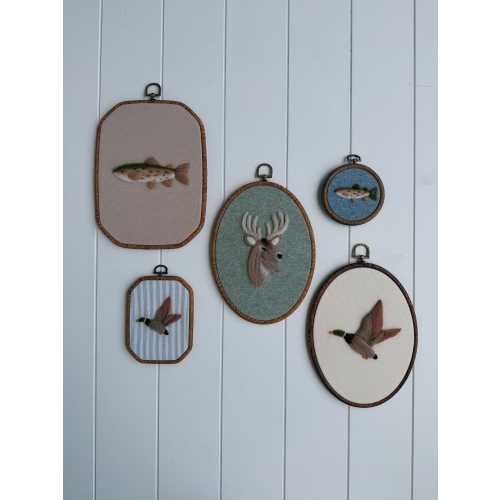Needle Felt Woodland Wall Art Set, Hunting Nursery Decor, Deer Duck Fish Hoop Art, Rustic Boys Room Decor