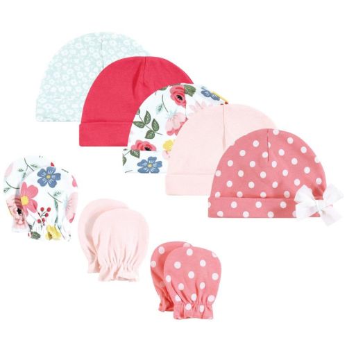 Hudson Baby Infant Girl Cotton Cap and Scratch Mitten Set, Modern Botanical, 0-6 Months