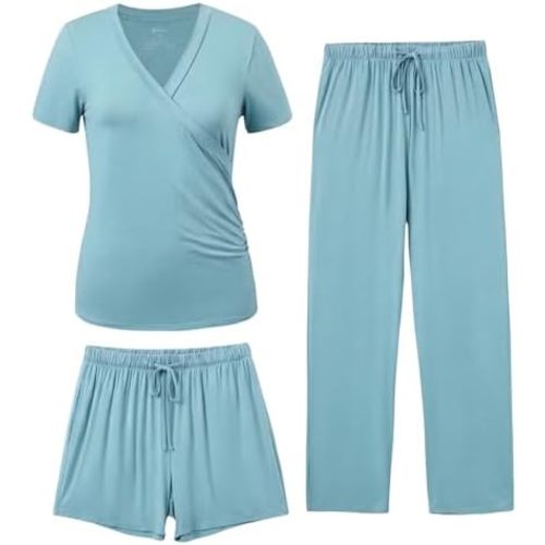 PATPAT 3-Piece Maternity Nursing Pajamas, Pregnancy to Postpartum Breastfeeding Pjs with Pockets, Soft Sleepwear, S-XXL