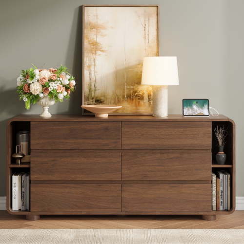 6 Drawer Dresser with Shelves, 63'' Wide Bedroom Chest of Drawers, Walnut