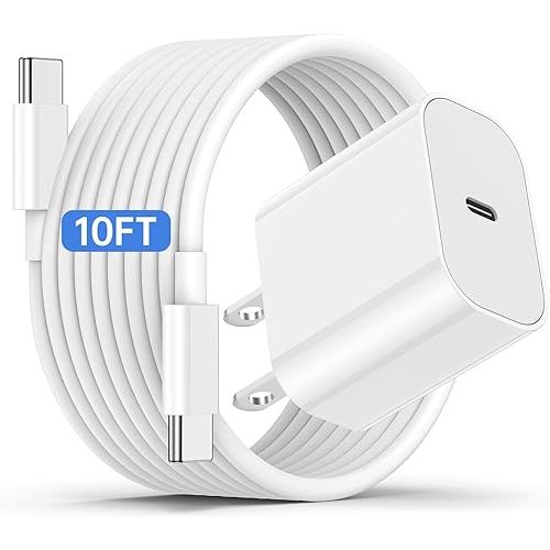 iPhone 17 16 15 Fast Charger and 10ft Type C to C Cable Cord Long, 20W USB C Charging Block Plug for Apple iPhone 17 Pro Max/17 Air/16 Pro/16 Plus/15 Pro/15 Mini/iPad Power Adapter Cube Brick/AirPods