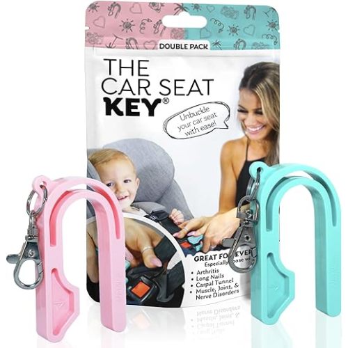 NAMRA The Car Seat Key - Original Car Seat Key Chain Buckle Release Tool - Easy Unbuckle Opener Aid for Nails, Parents, Grandparents & Older Children Made in USA (2 Pack, Teal & Pink)