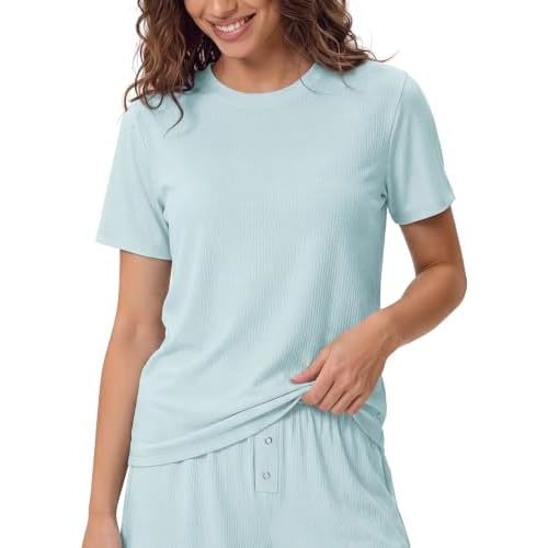 ODODOS Women's Bamboo Viscose Short Sleeve Relaxed Tee, Ultra Soft Ribbed Sleep Lounge Casual Everyday Top