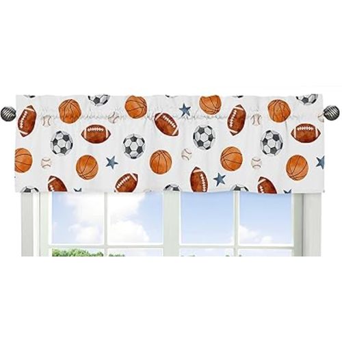 Sweet Jojo Designs Sports Theme Boy Window Valance Curtain Treatment Baby Nursery Kids Room Kitchen Bathroom Bedroom Watercolor Vintage Sport Themed Soccer Balls Football Baseball Basketball Blue Star