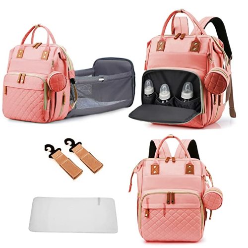 GurZinn Diaper Bag Backpack with Changing Station, Foldable for Bady Toddler, 3 in 1 Large Capacity Newborn Essentials Organizer with Stroller Hook for Girls and Boys（Pink）