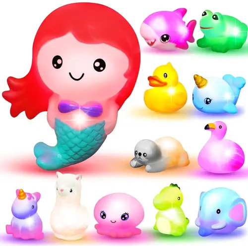 JOYIN 12 PCS Light Up Bath Toys, Toddler Flashing Colourful LED Bathtub Mermaid Toy, Baby Bathtime Floating Rubber Shower Gifts for Infant Kids Boy Girl Valentines Easter Gifts Swimming Pool Party
