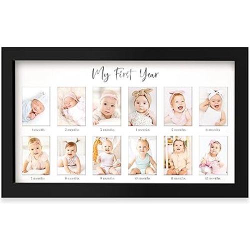 My First Year Photo Frame,12 Months Baby Picture Frame for Newborn Girl, Boy-Baby Shower Gifts Keepsakes,Monthly Baby's One Year Birthday Milestone,1st Nursery Photo Collage Display Board (Onyx Black)
