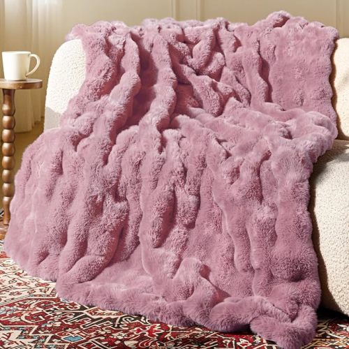 Ultra Soft Cozy Faux Fur Throw Blanket, Fuzzy Plush Thick Bubble Blanket, Oversize Luxury Fluffy Blanket for Couch, Sofa, Bedroom, and Living Room,50x60 Inches,Pink