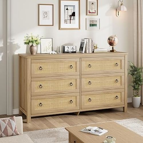 GarveeHome 6 Drawer Dresser for Bedroom, 47 in Wide Rattan Dresser, Boho Chest of Drawers, Wooden Chest with Clothes Storage Cabinet, Drawer Organizer for Bedroom, Living Room, Hallway, Natural Oak