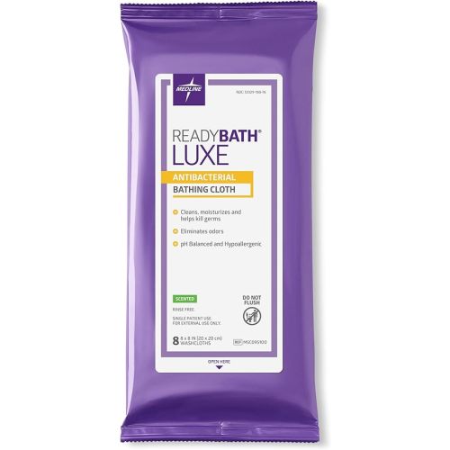 Medlind ReadyBath LUXE (8 Wipes/1 Pack), Scented, Extra Thick Adult Bath Wipes, No Rinse Formula with Aloe, Shower Wipes for Sensitive Skin, Hypoallergenic & Alcohol-Free Body Wash Wipes, 8 x 8 Inch