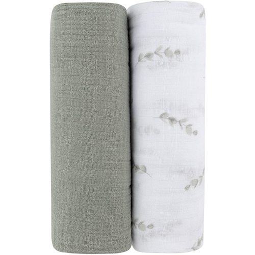 Ely's & Co. Muslin Swaddle Blanket 2-Pack — 100% Cotton Muslin Extra-Large Swaddle Blankets (47” x 47”) Watercolor Eucalyptus Print & Solid Sage