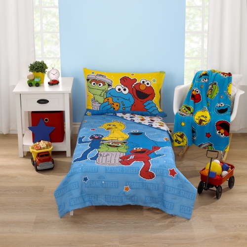 Sesame Street Come And Play 4 Piece Toddler Bedding Set, Blue, Green, Comforter, Fitted Sheet, Top Sheet, Pillowcase