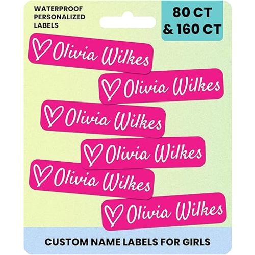 Label Daddy – Custom Name Labels for Girls – Waterproof Personalized Name for Daycare, School & Camp | No Iron Needed | Durable Labels for Bottles, Backpacks & More – Heart Design | 80 Ct & 160 Ct