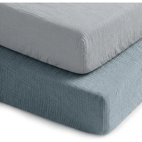 Comfy Cubs 100% Muslin Crib Fitted Sheet 2 Pack, Pacific Blue and Heather - 100% Cotton, Soft & Breathable Crib Sheets for Toddler Mattress - Snug Fit, Secure Elastic with Beautiful Packaging